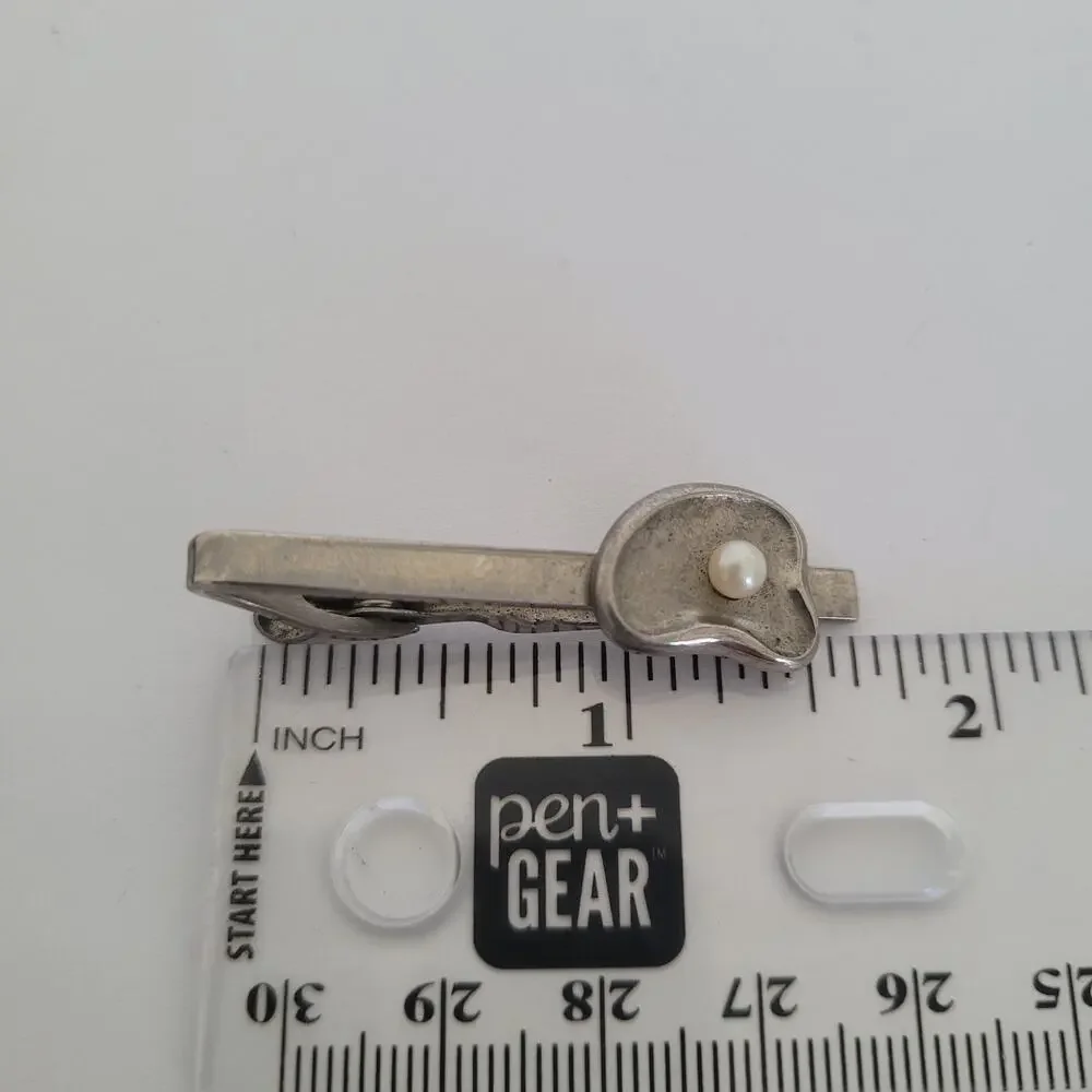 German Silver Tone Tie Bar Clip‎ Stick Clasp Pearl Unbranded Vintage
